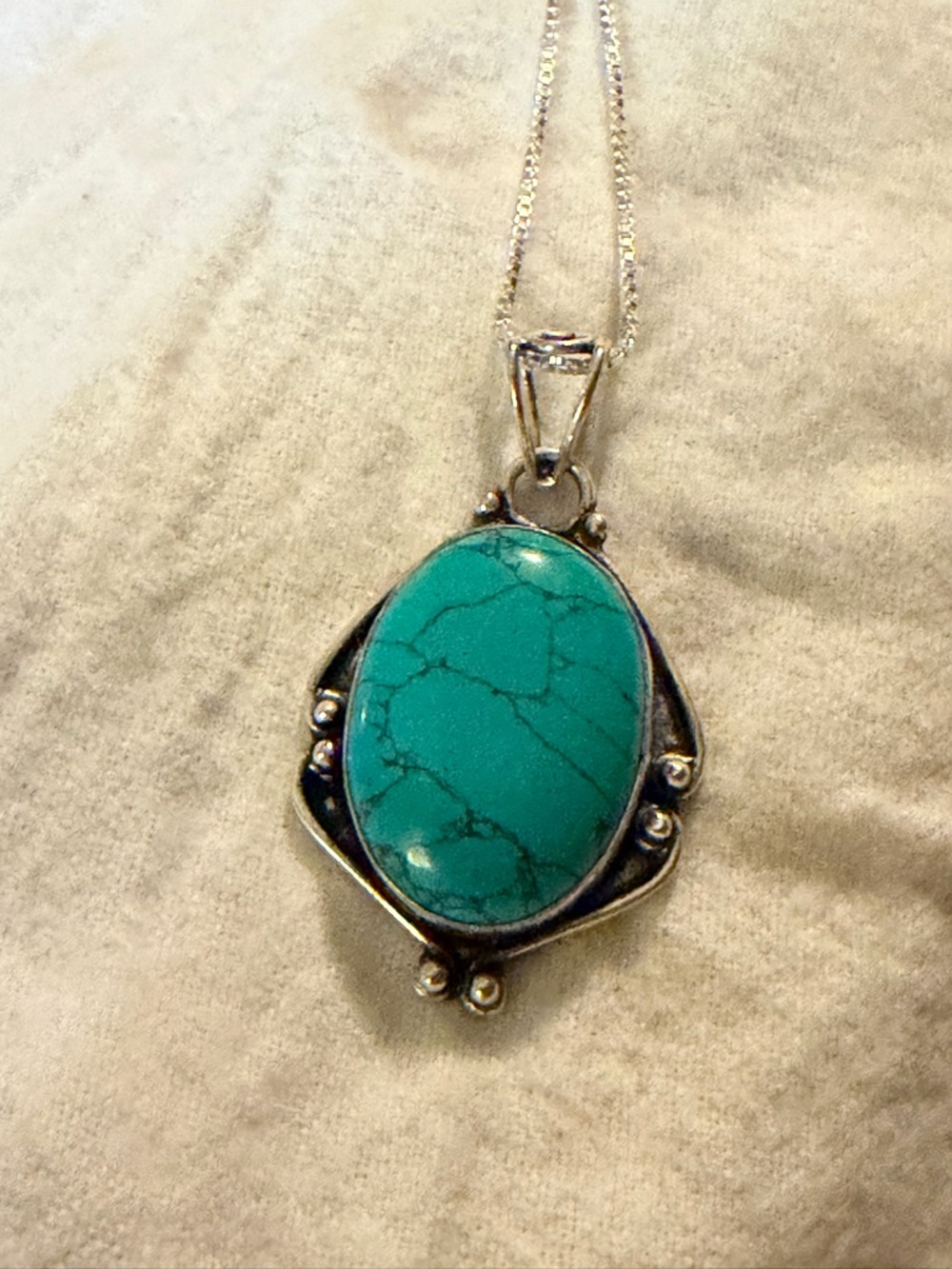 .925 Sterling Silver Turquoise Oval Pendant Necklace. 18” length